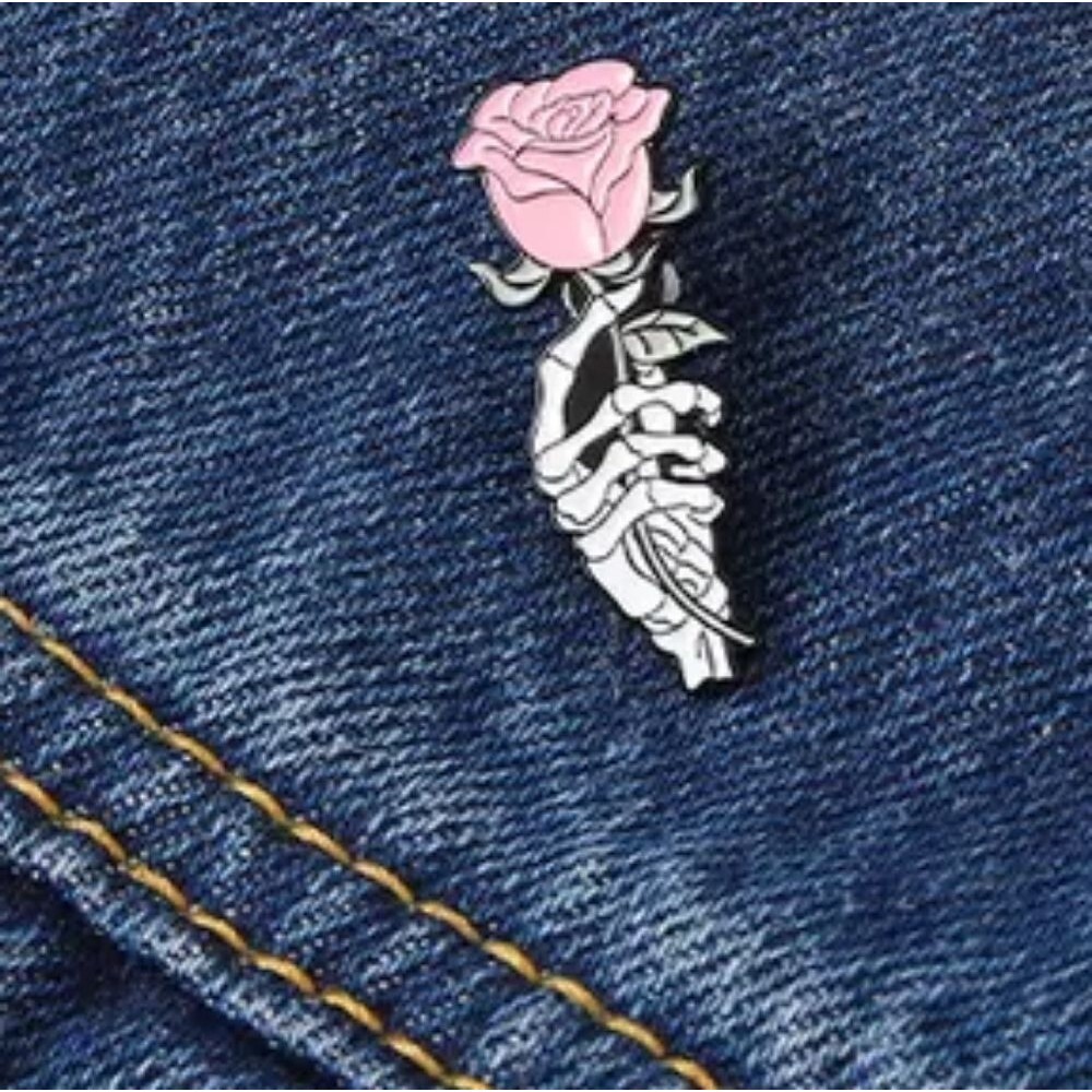 SKELETON Hand holding rose metal pin brooche badge